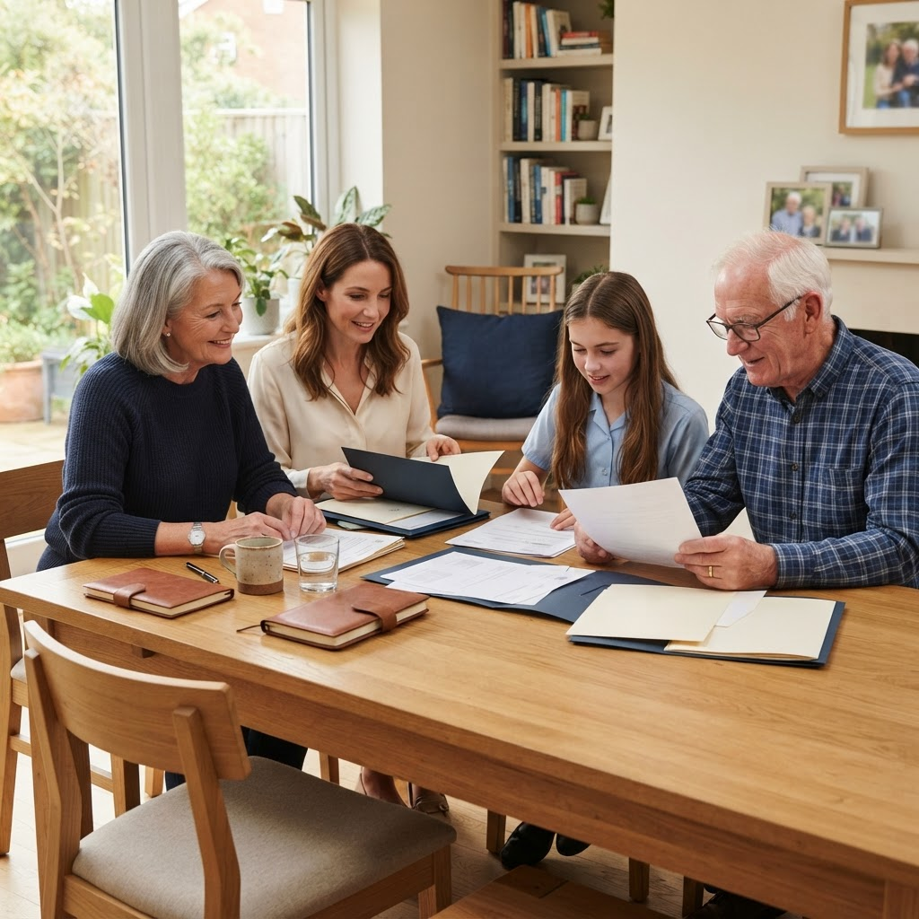 Family organising important documents together