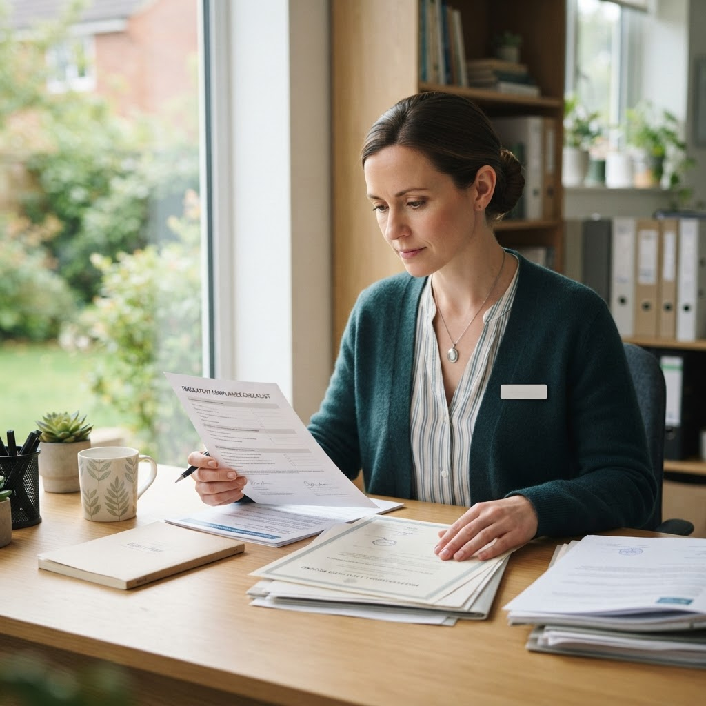 Professional reviewing certificates at desk