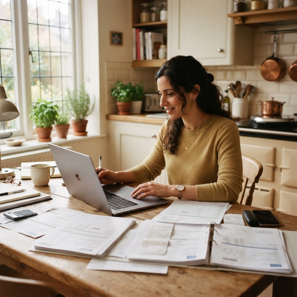 Person at kitchen table with laptop and coffee