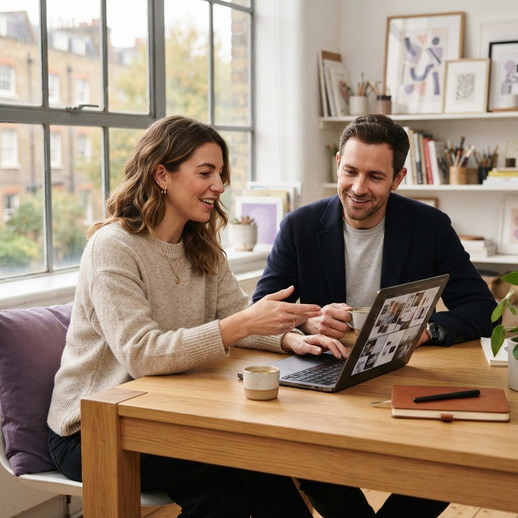 Professional presenting portfolio work to a client