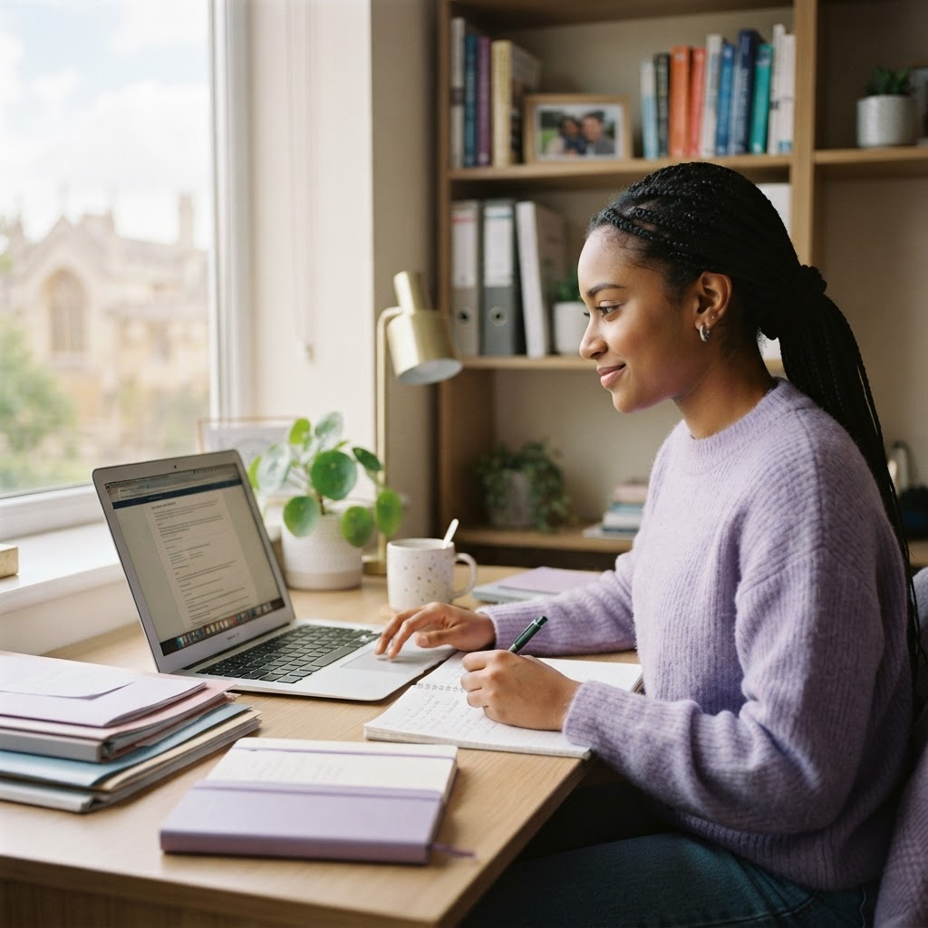 Student at desk with laptop and paperwork