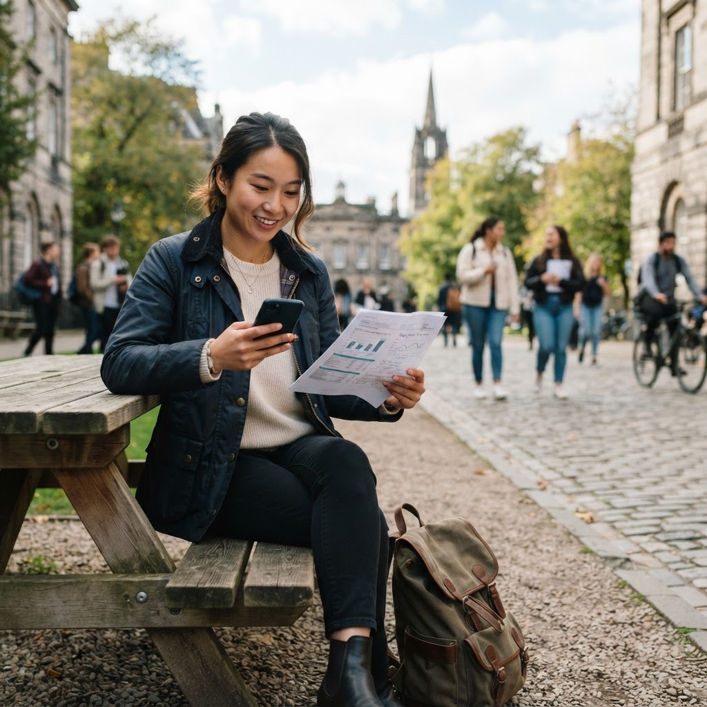 Student checking phone on campus