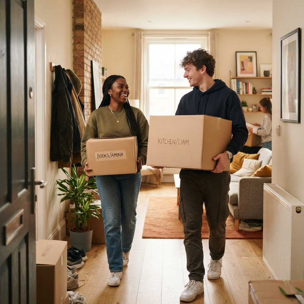 Students moving boxes into a flat